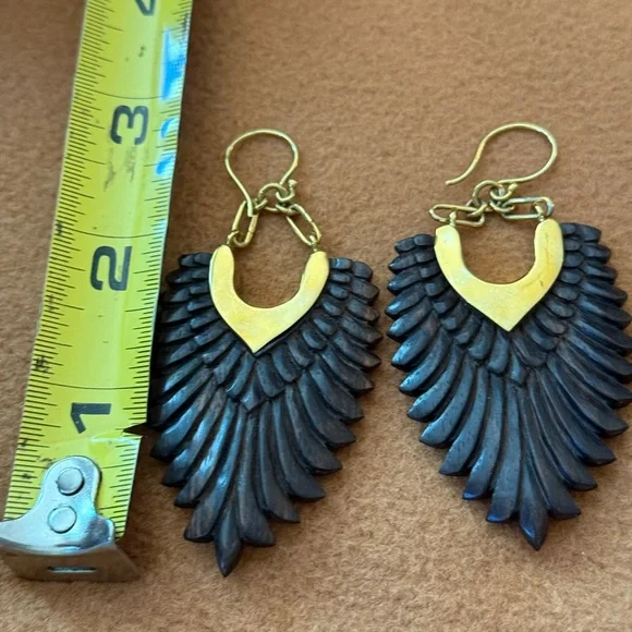 Gold Toned Trim Dark Wood Earrings Feather Style Earrings Hand Carved In Bali - Picture 6 of 9